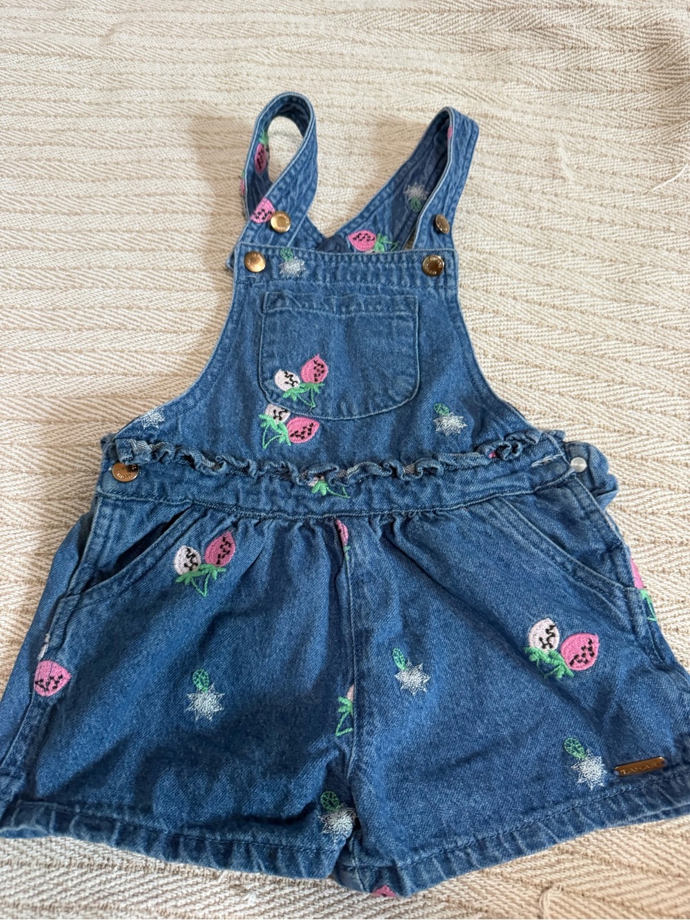 Denim Strawberry Embroidered Kids' Overall Shorts - Blue